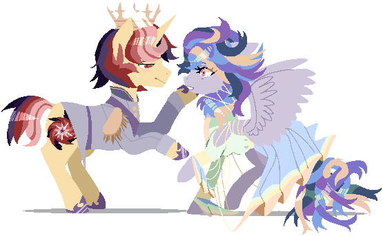 Size: 555x343 | Tagged: safe, artist:bonniethefox, banned from derpibooru, deleted from derpibooru, derpibooru import, oc, oc:solar sirius, oc:spectre flare, unofficial characters only, unicorn, alternate hairstyle, bedroom eyes, clothes, dress, duo, female, gala dress, height difference, male, mare, moonyverse, offpsring, offspring, parent:flash sentry, parent:rainbow dash, parent:soarin', parent:twilight sparkle, parents:flashlight, parents:soarindash, pixel art, shipping, shoes, simple background, stallion, straight, transparent background