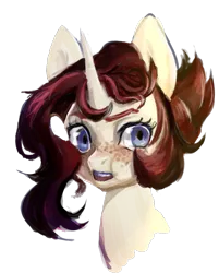 Size: 779x969 | Tagged: safe, artist:bonniethefox, banned from derpibooru, deleted from derpibooru, derpibooru import, oc, oc:jubilee tarts, unofficial characters only, unicorn, alternate design, alternate hairstyle, bust, freckles, magical foursome spawn, moonyverse, offspring, parent:cheese sandwich, parent:pinkie pie, parent:pokey pierce, parents:cheesepie, parents:cocopie, parents:pokeycheese, parents:pokeypie, parents:pokeypiecheesepommel, simple background, solo, surprised, transparent background