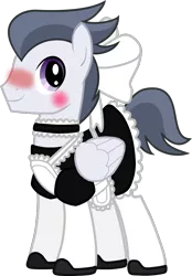 Size: 706x1017 | Tagged: safe, artist:madzik0107, banned from derpibooru, deleted from derpibooru, derpibooru import, edit, editor:feathertrap, vector edit, rumble, pegasus, pony, blushing, bow, choker, clothes, crossdressing, hair bow, maid, makeup, male, older, older rumble, simple background, solo, stallion, transparent background, vector