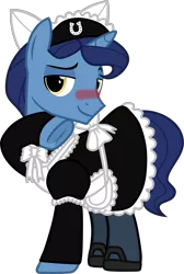 Size: 2268x3381 | Tagged: safe, artist:cheezedoodle96, banned from derpibooru, deleted from derpibooru, derpibooru import, edit, editor:feathertrap, vector edit, night light, pony, unicorn, 1000 hours in gimp, blushing, bow, clothes, crossdressing, dress, frog (hoof), hair bow, headdress, lidded eyes, maid, male, simple background, solo, stallion, sultry, transparent background, underhoof, vector