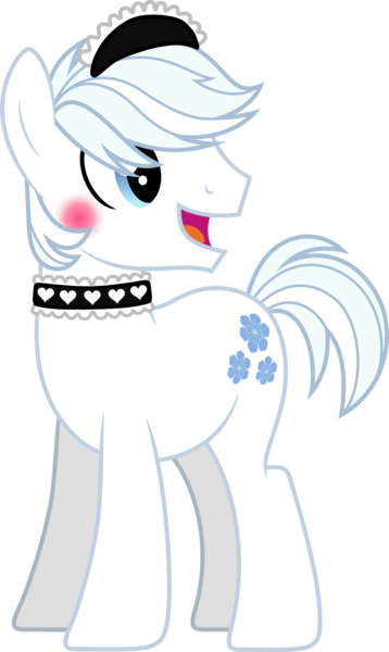 Size: 1571x2632 | Tagged: safe, artist:dashiesparkle, banned from derpibooru, deleted from derpibooru, derpibooru import, edit, editor:feathertrap, vector edit, double diamond, earth pony, pony, blushing, choker, clothes, crossdressing, femboy, headdress, looking back, maid, makeup, male, open mouth, simple background, solo, stallion, transparent background, vector