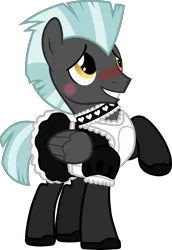 Size: 2195x3187 | Tagged: safe, artist:chainchomp2 edit, banned from derpibooru, deleted from derpibooru, derpibooru import, edit, editor:feathertrap, vector edit, thunderlane, pegasus, pony, 1000 hours in gimp, blushing, choker, clothes, crossdressing, dress, embarrassed, femboy, maid, makeup, male, simple background, sissyfication, solo, stallion, thundermaid, transparent background, vector