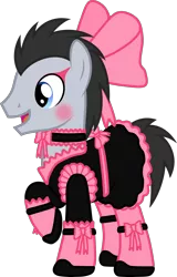 Size: 2023x3155 | Tagged: safe, artist:dashiesparkle, banned from derpibooru, deleted from derpibooru, derpibooru import, edit, editor:feathertrap, vector edit, lucky clover, earth pony, pony, blushing, bow, choker, clothes, crossdressing, dress, femboy, hair bow, maid, makeup, male, simple background, sissy, sissyfication, solo, stallion, transparent background, vector
