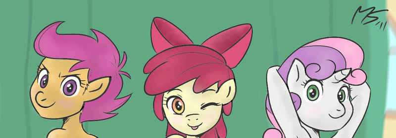 Size: 1153x404 | Tagged: safe, artist:megasweet, artist:zeklullaby, banned from derpibooru, deleted from derpibooru, derpibooru import, edit, apple bloom, scootaloo, sweetie belle, anthro, cropcon, cropped, cutie mark crusaders, explicit source