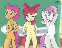 Size: 1155x892 | Tagged: suggestive, artist:megasweet, artist:zeklullaby, banned from derpibooru, deleted from derpibooru, derpibooru import, edit, apple bloom, scootaloo, sweetie belle, anthro, armpits, bikini, clothes, cutie mark crusaders, female, image, implied lolicon, jpeg, lolicon, one-piece swimsuit, swimsuit, underage