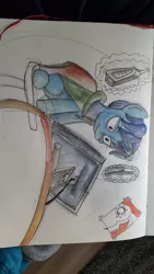 Size: 1195x2124 | Tagged: safe, artist:queen-razlad, banned from derpibooru, deleted from derpibooru, derpibooru import, oc, oc:bender watt, unofficial characters only, colored, drawing, drawing tablet, poster, sideways image, traditional art