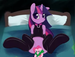 Size: 2250x1697 | Tagged: suggestive, artist:grumblepluck, artist:hexstream, banned from derpibooru, deleted from derpibooru, derpibooru import, edit, twilight sparkle, unicorn, bed, bedroom, belly button, bondage, bondage gear, bottomless, catsuit, censored, clothes, collar, female, latex, nudity, on back, outfit, partial nudity, pillow, presenting, shirt, smiling, socks, solo, solo female, spread legs, spreading, stockings, thigh highs, unicorn twilight