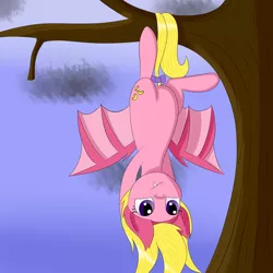 Size: 2000x2000 | Tagged: safe, artist:luriel maelstrom, banned from derpibooru, deleted from derpibooru, derpibooru import, oc, oc:noodle, unofficial characters only, pony, batpony costume, cloud, fangs, female, hanging, hanging upside down, simple background, solo, tree, tree branch, upside down