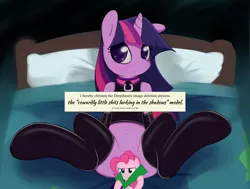 Size: 2250x1697 | Tagged: suggestive, artist:grumblepluck, banned from derpibooru, deleted from derpibooru, derpibooru import, edit, edited edit, editor:hexstream, twilight sparkle, unicorn, bed, bedroom, belly button, bondage, bondage gear, bottomless, catsuit, censored, clitoris, clothes, collar, female, latex, meta, nudity, on back, op is right, op is right you know, outfit, partial nudity, pillow, presenting, roasted, savage, shirt, smiling, socks, solo, solo female, spread legs, spreading, stockings, text, text edit, thigh highs, unicorn twilight, vulgar