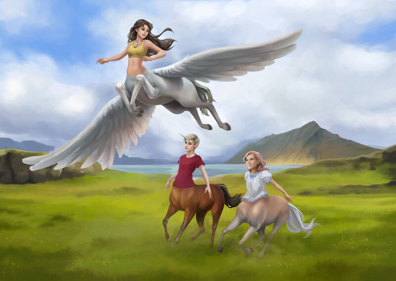 Size: 3781x2678 | Tagged: safe, artist:demisir, banned from derpibooru, deleted from derpibooru, derpibooru import, oc, unofficial characters only, centaur, barely pony related, child, cloud, cloudy, flying, grassland, horn, horned centaur, lake, large wings, mountain, tags needed, teenager, winged centaur, wings