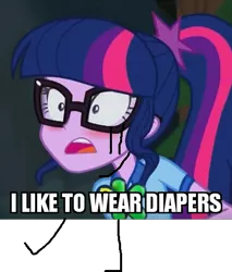 Size: 437x512 | Tagged: suggestive, banned from derpibooru, deleted from derpibooru, derpibooru import, edit, edited edit, edited screencap, editor:victorfazbear, screencap, sci-twi, twilight sparkle, equestria girls, legend of everfree, 1000 hours in ms paint, blushing, camp everfree outfits, caption, cropped, diaper, diaper fetish, discovery kids, fetish, forest, glasses, hairpin, image macro, legs, meme, ms paint, ms paint adventures, ms paint skills almost non-existent, open mouth, outdoors, simple background, solo, stars, teeth, text, transparent background, why does this exist