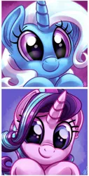 Size: 864x1702 | Tagged: safe, artist:whitediamonds, banned from derpibooru, deleted from derpibooru, derpibooru import, edit, starlight glimmer, trixie, pony, unicorn, avatar, cute, daaaaaaaaaaaw, diatrixes, duo, duo female, ear fluff, female, head only, horn, looking at you, mare, missing accessory, purple eyes, simple background, smiling, weapons-grade cute, whitediamonds is trying to kill us