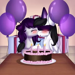 Size: 1500x1500 | Tagged: safe, artist:xcinnamon-twistx, banned from derpibooru, deleted from derpibooru, derpibooru import, oc, oc:cinnamon twist, oc:first choice, balloon, birthday, birthday candles, blindfold, blushing, cake, couple, cute, female, food, gift art, gift giving, male, straight