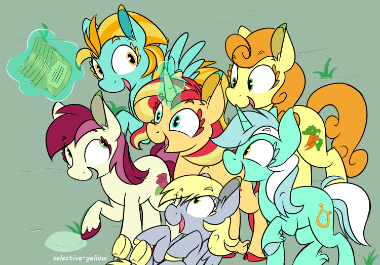 Size: 750x523 | Tagged: safe, artist:selective-yellow, banned from derpibooru, deleted from derpibooru, derpibooru import, carrot top, derpy hooves, golden harvest, lightning dust, lyra heartstrings, roseluck, sunset shimmer, pony, the ticket master, alternate mane six, magic, tickets