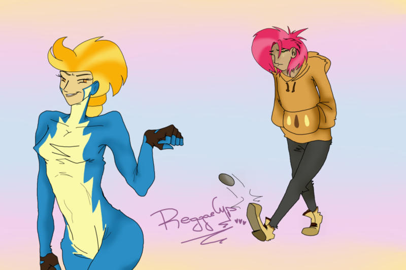 Size: 900x600 | Tagged: safe, artist:reggaecyp, banned from derpibooru, deleted from derpibooru, derpibooru import, babs seed, lightning dust, human, clothes, hoodie, humanized, rock
