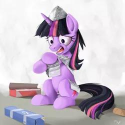 Size: 900x900 | Tagged: safe, artist:ponykillerx, banned from derpibooru, deleted from derpibooru, derpibooru import, twilight sparkle, bloodshot eyes, drool, hat, messy mane, open mouth, paranoid, sitting, smiling, solo, tin foil, tinfoil hat, twilight snapple, wide eyes