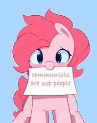 Size: 712x900 | Tagged: artist needed, source needed, safe, banned from derpibooru, deleted from derpibooru, derpibooru import, pinkie pie, earth pony, pony, blue background, blushing, communism, controversial, cute, female, heart eyes, mare, meta, mouth hold, mouthpiece, op started shit, op started shit and op is laughing at you, sign, simple background, solo, truth, twitter, wingding eyes