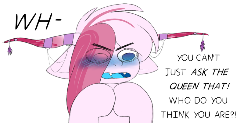 Size: 1200x606 | Tagged: safe, artist:scarletverse, artist:taaffeiite, banned from derpibooru, deleted from derpibooru, derpibooru import, oc, oc:nightmare, unofficial characters only, pony, blushing, blushing profusely, dialogue, flustered, horns, male, scarletverse, simple background, solo, stallion, white background