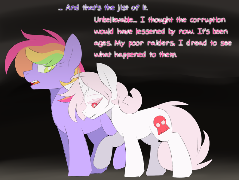 Size: 1237x933 | Tagged: safe, artist:scarletverse, artist:taaffeiite, banned from derpibooru, deleted from derpibooru, derpibooru import, oc, oc:aurora borealis, oc:scarlet starlight, unofficial characters only, pegasus, pony, unicorn, comic:once upon a time, cutie mark, dialogue, duo, female, mare, multicolored hair, parent:cyberia starlight, parent:sakura starlight, rainbow hair, scarletverse, simple background