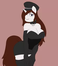 Size: 4000x4500 | Tagged: suggestive, artist:scylla the kelpie, banned from derpibooru, deleted from derpibooru, derpibooru import, oc, oc:elsa schneighder, anthro, unicorn, big, boots, breasts, cleavage, clothes, hat, long, shoes, skirt, thigh boots, uniform