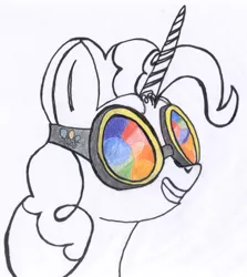 Size: 1366x1533 | Tagged: safe, artist:littlecolt, banned from derpibooru, deleted from derpibooru, derpibooru import, oc, oc:pinkie twi, alicorn, fanfic, fanfic:the conquering of love, colored pencil drawing, colorscope, fanfic art, goggles, grin, ink, magic item, newbie artist training grounds, partial color, smiling, solo, traditional art