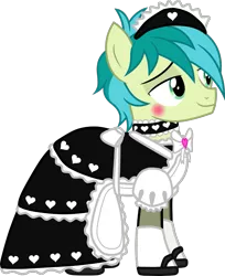 Size: 833x1021 | Tagged: safe, artist:dashiesparkle, banned from derpibooru, deleted from derpibooru, derpibooru import, edit, editor:feathertrap, vector edit, sandbar, earth pony, pony, 1000 hours in gimp, apron, blushing, bow, choker, clothes, crossdressing, editor, femboy, headdress, maid, makeup, male, simple background, solo, stallion, transparent background, trap, vector