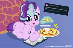 Size: 2361x1560 | Tagged: safe, artist:jhayarr23, banned from derpibooru, deleted from derpibooru, derpibooru import, starlight glimmer, pony, unicorn, book, cute, dialogue, eating, female, food, glimmerbetes, glowing horn, horn, lying down, magic, mare, meta, pineapple pizza, pizza, prone, solo, speech, talking, telekinesis, twitter