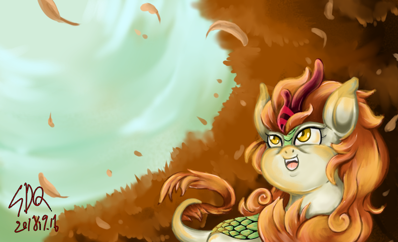 Size: 837x510 | Tagged: safe, artist:thurder2020, banned from derpibooru, deleted from derpibooru, derpibooru import, autumn blaze, kirin, sounds of silence, autumn, forest, leaves, signature