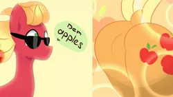 Size: 1600x900 | Tagged: suggestive, artist:n0nnny, artist:rozy fly, banned from derpibooru, deleted from derpibooru, derpibooru import, applejack, big macintosh, earth pony, pony, apple, applebutt, applecest, ass, brother and sister, butt, copy and paste, dat butt, dock, female, food, incest, looking at her butt, male, meme, not shipping, prize on the eyes, siblings, sunglasses, tail lift, the ass was fat