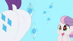 Size: 1600x895 | Tagged: suggestive, artist:rozy fly, banned from derpibooru, deleted from derpibooru, derpibooru import, rarity, sweetie belle, unicorn, blue background, butt, cutie mark, dat butt, dock, female, heart eyes, incest, lesbian, looking at her butt, meme, powerful ass, raribelle, raricest, rearity, shipping, siblings, simple background, sisters, the ass was fat, wingding eyes