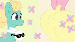 Size: 1600x900 | Tagged: suggestive, artist:rozy fly, banned from derpibooru, deleted from derpibooru, derpibooru import, angel bunny, fluttershy, zephyr breeze, butterfly, pegasus, rabbit, animal, ass, ass up, brother and sister, bunny ears, butt, cutie mark, dat butt, dock, female, flutterbutt, looking at her butt, male, meme, not shipping, pet, prize on the eyes, siblings, simple background, sunglasses, tail lift, yellow background