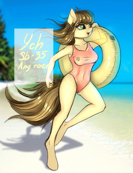 Size: 1000x1305 | Tagged: questionable, artist:pony-way, banned from derpibooru, deleted from derpibooru, derpibooru import, anthro, advertisement, beach, breasts, cameltoe, clothes, female, inner tube, solo, swimsuit