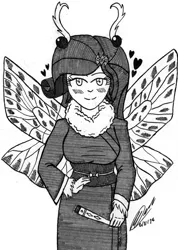 Size: 2666x3735 | Tagged: safe, artist:atisuto17, banned from derpibooru, deleted from derpibooru, derpibooru import, rarity, insect, moth, equestria girls, blushing, breasts, busty rarity, clothes, costume, female, grayscale, halloween, holiday, kimono (clothing), monochrome, solo, traditional art, wings