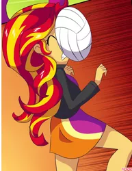 Size: 556x720 | Tagged: safe, artist:bbmbbf, banned from derpibooru, deleted from derpibooru, derpibooru import, sunset shimmer, comic:physical education, equestria untamed, equestria girls, abuse, clothes, cropped, image, ouch, palcomix, png, shimmerbuse, skirt, sports, volleyball