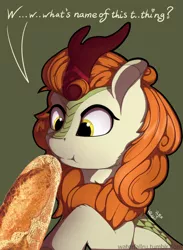Size: 1280x1749 | Tagged: suggestive, artist:waterfallru, banned from derpibooru, deleted from derpibooru, derpibooru import, edit, autumn blaze, kirin, sounds of silence, autumn blaze finding out things, baguette, bread, cheek fluff, cross-eyed, cute, female, food, green background, leg fluff, looking at something, phallic symbol, raised hoof, simple background, sitting, solo, :t, text