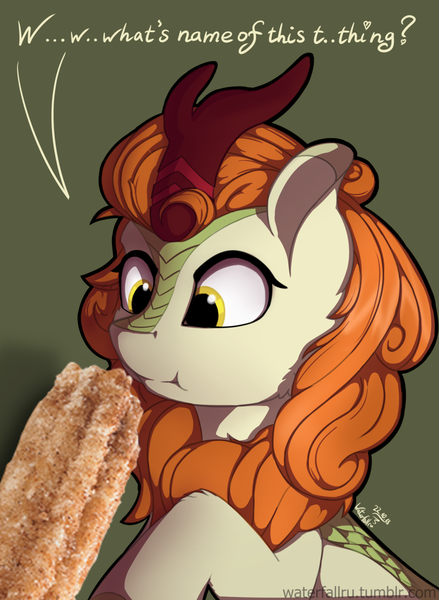 Size: 1280x1749 | Tagged: suggestive, artist:waterfallru, banned from derpibooru, deleted from derpibooru, derpibooru import, edit, autumn blaze, kirin, sounds of silence, autumn blaze finding out things, cheek fluff, churros, cross-eyed, cute, female, food, green background, leg fluff, looking at something, phallic symbol, raised hoof, simple background, sitting, solo, :t, text