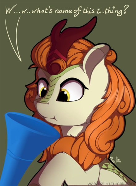 Size: 2024x2766 | Tagged: suggestive, artist:waterfallru, banned from derpibooru, deleted from derpibooru, derpibooru import, edit, autumn blaze, kirin, sounds of silence, airhorn, autumn blaze finding out things, cheek fluff, cross-eyed, cute, female, green background, leg fluff, looking at something, musical instrument, raised hoof, simple background, sitting, solo, :t, text, vuvuzela