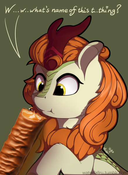 Size: 1280x1749 | Tagged: suggestive, artist:waterfallru, banned from derpibooru, deleted from derpibooru, derpibooru import, edit, autumn blaze, kirin, sounds of silence, autumn blaze finding out things, candy bar, cheek fluff, cross-eyed, cute, female, food, green background, leg fluff, looking at something, phallic symbol, raised hoof, simple background, sitting, solo, :t, text