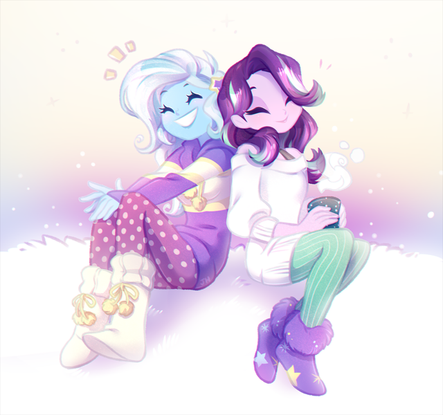 Size: 960x900 | Tagged: safe, artist:jumblehorse, banned from derpibooru, deleted from derpibooru, derpibooru import, starlight glimmer, trixie, equestria girls, best friends, boots, clothes, cute, diatrixes, duo, duo female, eyes closed, female, glimmerbetes, shoes, smiling