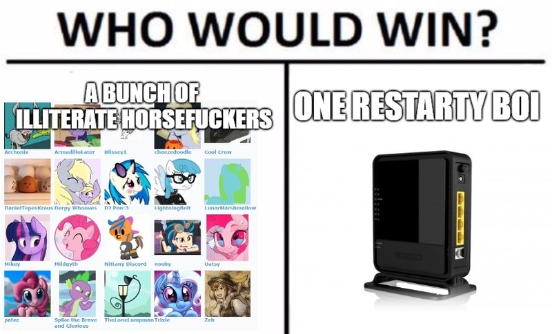 Size: 802x486 | Tagged: questionable, banned from derpibooru, deleted from derpibooru, derpibooru import, derpibooru, background pony strikes again, banned, barely pony related, meme, meta, mods, op is a faggot, router, who would win