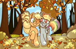 Size: 1000x645 | Tagged: safe, artist:dipperclassic, banned from derpibooru, deleted from derpibooru, derpibooru import, applejack, rainbow dash, earth pony, pegasus, pony, fall weather friends, autumn, duo, female, forest, hatless, leaves, looking at each other, mare, missing accessory, one eye closed, running, running of the leaves, scene interpretation, smiling, tree