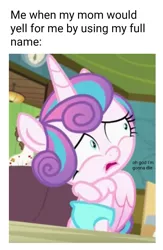 Size: 861x1321 | Tagged: safe, banned from derpibooru, deleted from derpibooru, derpibooru import, edit, edited screencap, screencap, princess flurry heart, a flurry of emotions, season 7, caption, cropped, image macro, implied princess cadance, meme, oh god, relatable, scared, so true, terrified, text, this will end in grounding, this will not end well, truth, worst nightmare