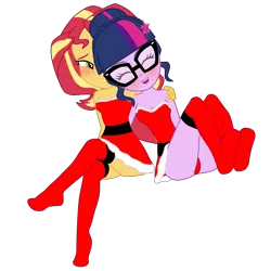 Size: 4000x4000 | Tagged: suggestive, artist:cloppy hooves, banned from derpibooru, deleted from derpibooru, derpibooru import, sci-twi, sunset shimmer, twilight sparkle, equestria girls, adorasexy, bare shoulders, blushing, breasts, christmas, clothes, costume, cuddling, cute, female, holiday, lesbian, miniskirt, santa costume, scitwishimmer, sexy, shipping, skirt, sleeveless, socks, strapless, sunsetsparkle, the north poll pack, thigh highs, underwear, vector