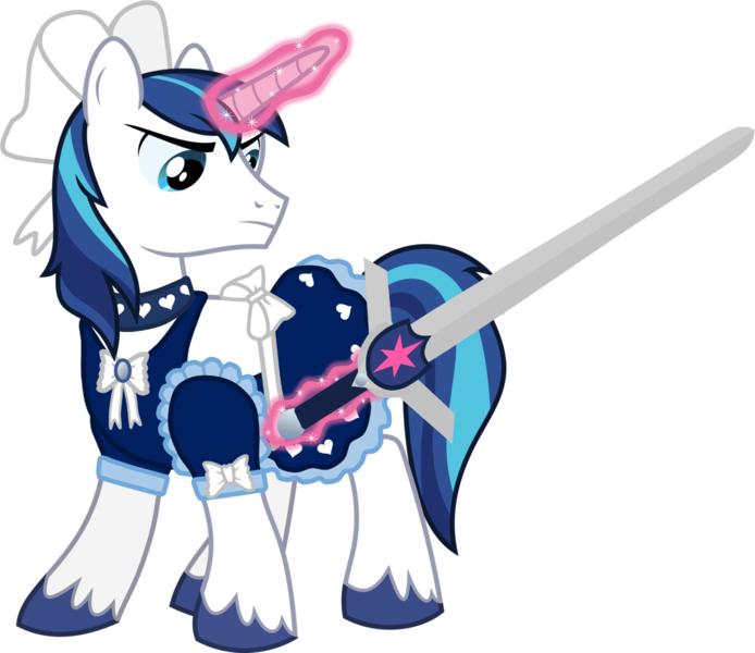 Size: 1254x1084 | Tagged: safe, artist:chainchomp2 edit, banned from derpibooru, deleted from derpibooru, derpibooru import, edit, editor:feathertrap, vector edit, shining armor, pony, unicorn, 1000 hours in gimp, bow, choker, clothes, crossdressing, dress, femboy, glowing horn, hair bow, horn, image, magic, male, png, shining femboy armor, simple background, solo, stallion, sword, telekinesis, transparent background, vector, weapon