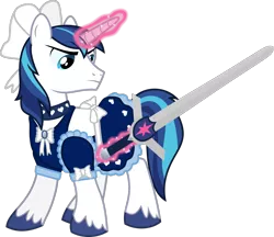 Size: 1254x1084 | Tagged: safe, artist:chainchomp2 edit, banned from derpibooru, deleted from derpibooru, derpibooru import, edit, editor:feathertrap, vector edit, shining armor, pony, unicorn, 1000 hours in gimp, bow, choker, clothes, crossdressing, dress, femboy, glowing horn, hair bow, horn, image, magic, male, png, shining femboy armor, simple background, solo, stallion, sword, telekinesis, transparent background, vector, weapon