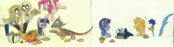 Size: 4645x1265 | Tagged: safe, artist:smcho1014, banned from derpibooru, deleted from derpibooru, derpibooru import, applejack, pinkie pie, starlight glimmer, twilight sparkle, twilight sparkle (alicorn), oc, oc:silverlay, oc:wild sketchy, alicorn, bird, dinosaur, earth pony, human, pony, unicorn, apple, bread, charlie (hazbin hotel), colored pencil drawing, delta, female, food, hazbin hotel, holiday, male, mare, pie, pumpkin, road runner, salad, salad bowl, stygimoloch, thanksgiving, traditional art