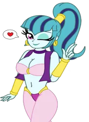 Size: 1253x1721 | Tagged: suggestive, artist:cbear624, banned from derpibooru, deleted from derpibooru, derpibooru import, edit, sonata dusk, genie, equestria girls, belly button, belly dancer, big breasts, breasts, busty sonata dusk, clothes, cosplay, costume, crossover, female, heart, high ponytail, midriff, one eye closed, recolored, shantae, simple background, smiling, solo, solo female, transparent background, wink