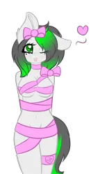 Size: 1846x3516 | Tagged: suggestive, artist:mimihappy99, banned from derpibooru, deleted from derpibooru, derpibooru import, oc, oc:wubsy, unofficial characters only, anthro, bow, breasts, female, gift wrapped, heart, heart eyes, one eye closed, ribbon, simple background, solo, tied, tongue out, transparent background, wingding eyes, wink