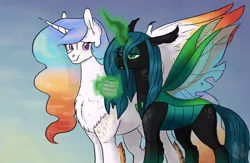 Size: 1280x832 | Tagged: safe, artist:diamond-chiva, artist:ghostwaffleheimer, banned from derpibooru, deleted from derpibooru, derpibooru import, princess celestia, queen chrysalis, alicorn, changedling, changeling, changeling queen, pony, alternate design, alternate hair color, alternate hairstyle, chryslestia, couple, female, lesbian, momlestia, mommy chrissy, mug, parent, purified chrysalis, shipping, technically changedling, technically purified chrysalis, wives, world's okayest mom