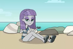 Size: 1246x848 | Tagged: safe, artist:emeraldblast63, banned from derpibooru, deleted from derpibooru, derpibooru import, maud pie, equestria girls, equestria girls series, adorasexy, beach, belly button, bikini, boulder, clothes, cute, feet, hot, midriff, sandals, sexy, swimsuit, tankini